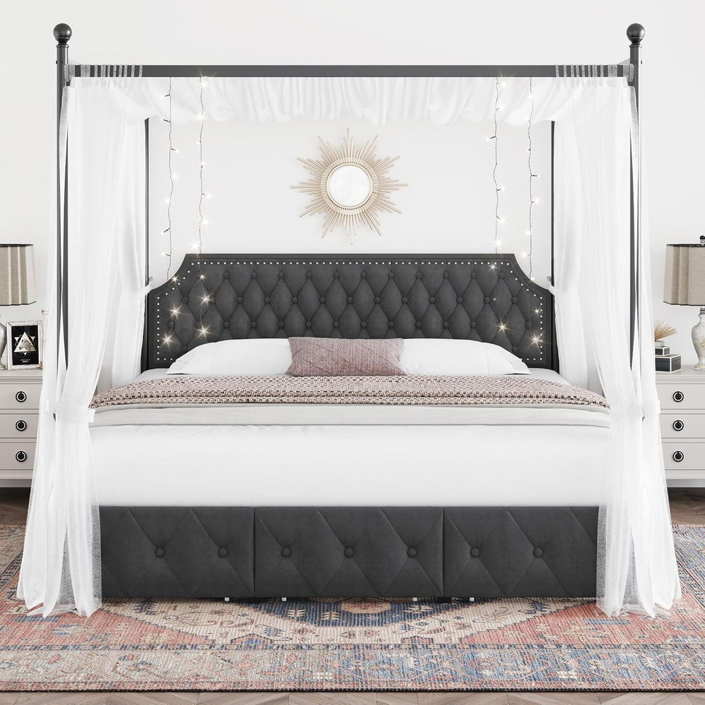 Keyluv King Upholstered Canopy Bed Frame with 3 Storage Drawers & Button ...