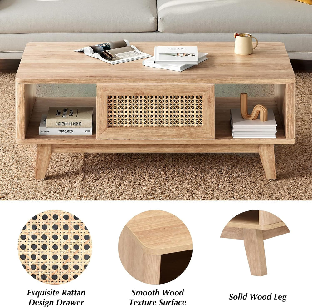 Farini Mid Century Modern Square Coffee Table with Rattan Drawer and Solid Wo...