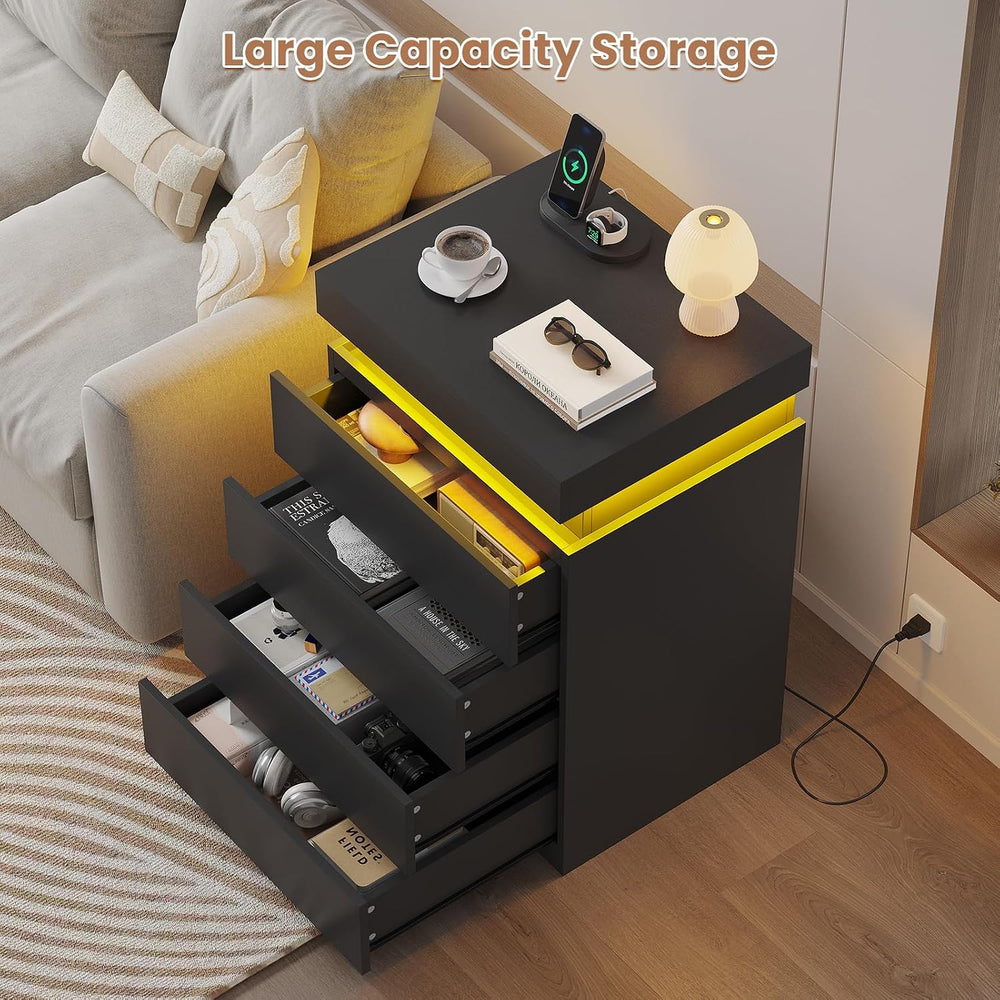 ADORNEVE Black Night Stand with Drawers and LED Lights | Bedside Table with C...