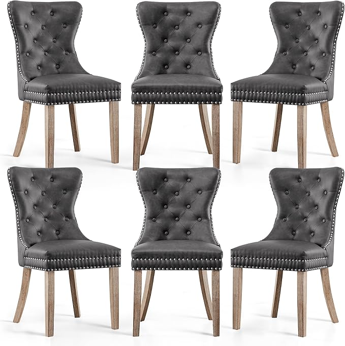 SyMax Dining Chairs Set of 6, Faux Leather Parson Dining Room Chairs, High-End Tufted Kitchen Side Chairs for Bedroom, Living Room, Gray