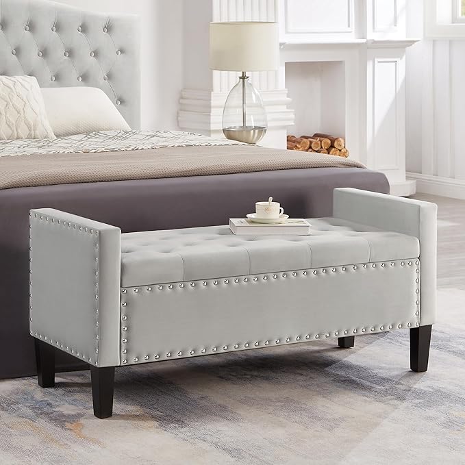 Velvet Storage Ottoman with Armrests and Nails Trim,Entryway Living Room Soft Padded Seat,Bed Bench Bedroom End of Bed,Gray(48”L X 18.5” W X 22” H)