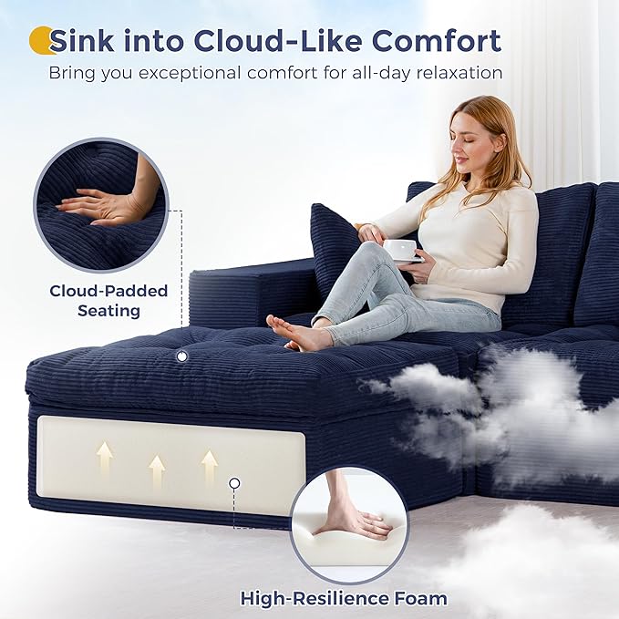 MAXYOYO 132" U Shaped Modular Sectional Sofa with 2 Ottomans, Cloud Boneless Couch with Layered Cushion, Flexible Module Combination Sofa for Living Room, No Assembly Required, Navy