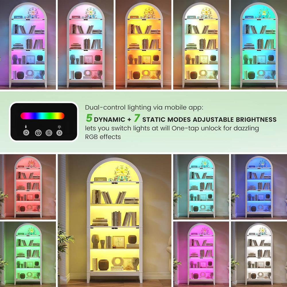 HNEBC Arched Display Case with RGB Lights, 69" Tall 5-Tier Tempered Glas...