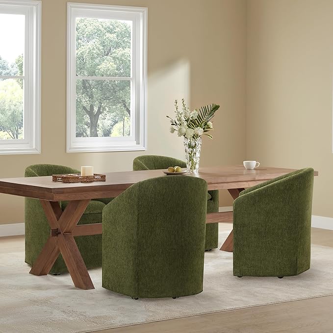 Upholstered Dining Chairs with Casters, Washable Cover Modern Dining Room Chairs with Barrel Backrest & Armrest, Vanity Chair with Wheels for Kitchen, Living Room, Bedroom, Green Fabric, 1PCS