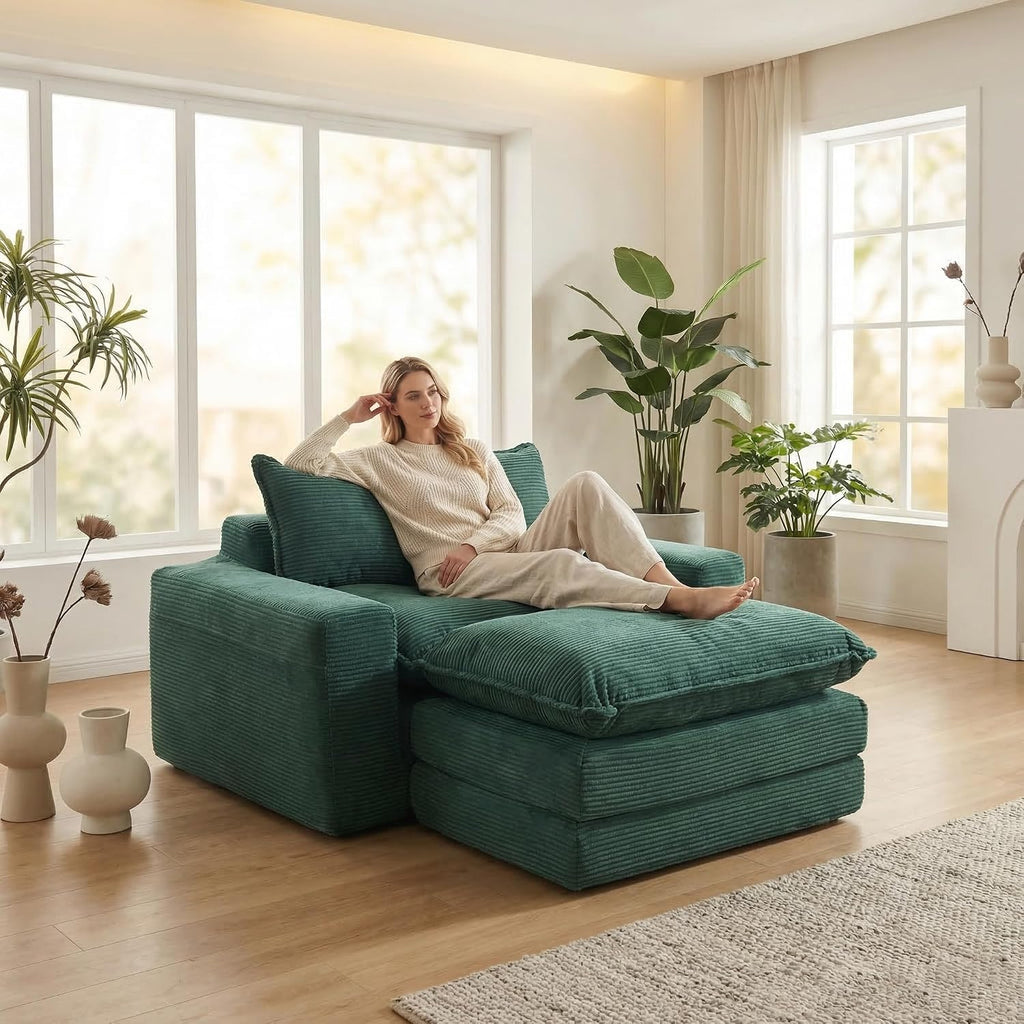 58" Sofa Bed with Ottoman, 3 in 1 Convertible Sofa Bed Folding Corduroy Boneless Sleeper Loveseat Mattress Futon Pull Out Couch Bed for Apartment Bedroom Living Room No Assembly 58-Green-L