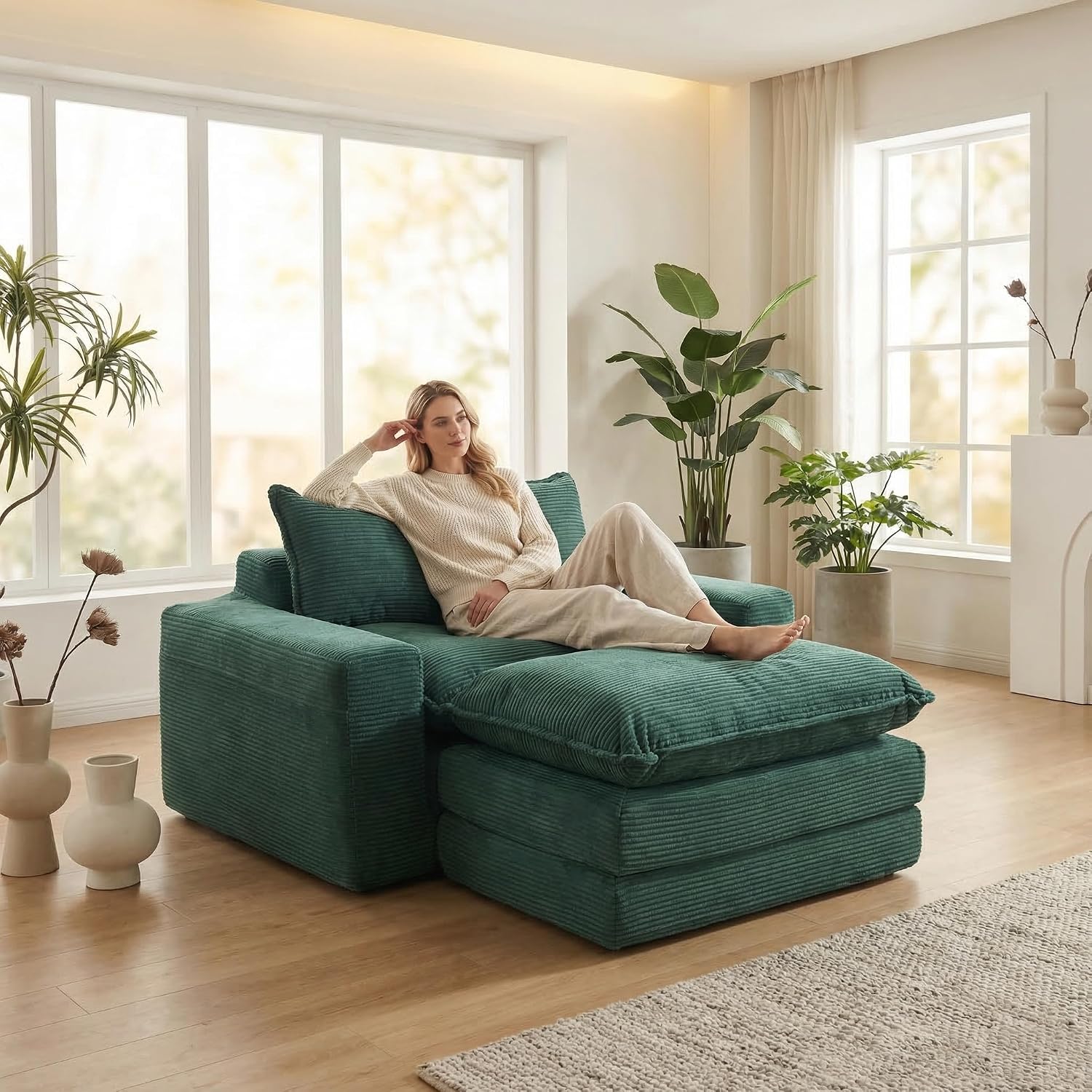 58" Sofa Bed with Ottoman, 3 in 1 Convertible Sofa Bed Folding Corduroy Boneless Sleeper Loveseat Mattress Futon Pull Out Couch Bed for Apartment Bedroom Living Room No Assembly 58-Green-L