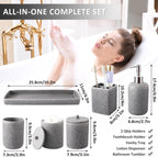 Resin 6 Pcs Gray Bathroom Set Complete with Toothbrush Holder, Lotion Soap Dispenser, 2 Qtip Holder Dispensers,Vanity Tray,Bathroom Tumbler - Countertop Vanity Organizer - Bathroom Accessories Set