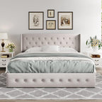 Allewie Queen Size Lift Up Storage Bed, Button Tufted Headboard with Wingback, Hydraulic Support, No Box Spring Needed, Light Beige