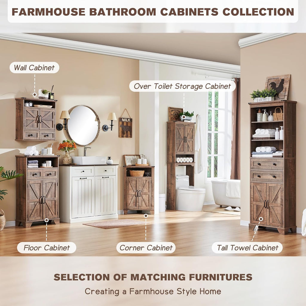 ACCOHOHO Bathroom Wall Cabinet, Farmhouse 24" Wide Medicine Cabinet with Drawer, Adjustable Shelf, Double Barn Doors, Storage Cabinets for Bathroom, Kitchen, Living Room, Rustic Brown