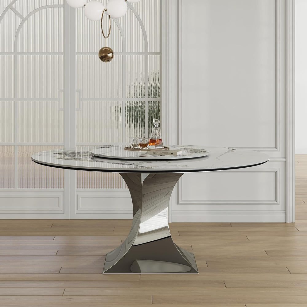 59" Round Sintered Stone Dining Table, Faux Marble Kitchen Table with La...