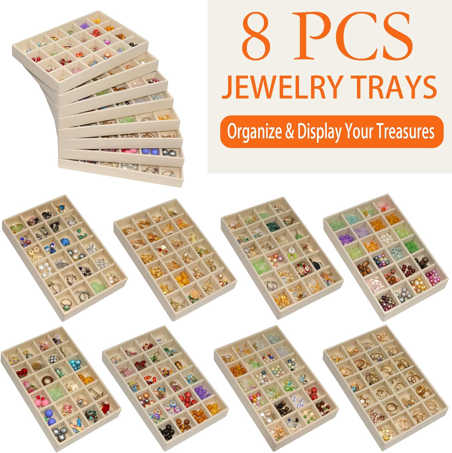 24 Grid Stackable Jewelry Organizer Tray Velvet Jewelry Drawer Inserts Earring Organizer for Women Jewelry Display Box Case for Earring Rings Stud Necklaces (Set of 8, Beige
