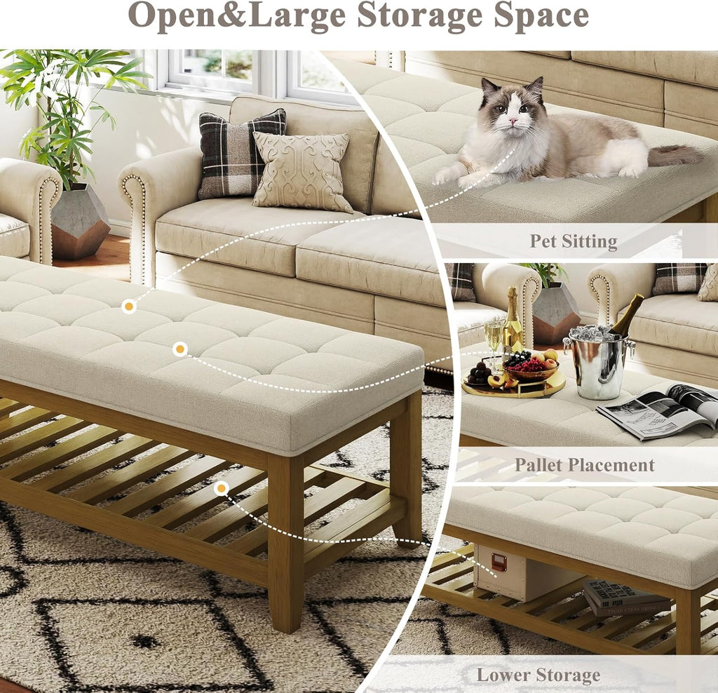 Befurtori Large Rectangular Upholstered Ottoman Bench, Linen Tufted Footrest Ottoman with Solid Wood Shelf Storage Coffee Table for Bedroom Living Room, Ivory