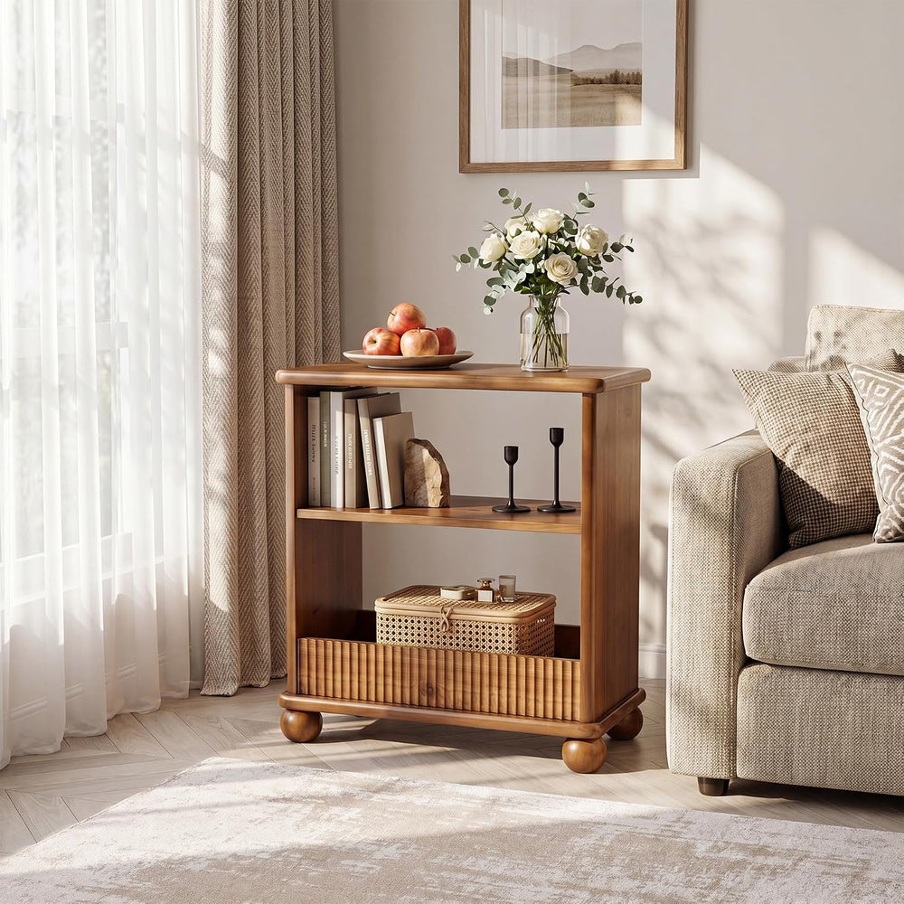 3-Tier Solid Wood End Table with Storage Shelf for Living Room | Farmhouse Ru...