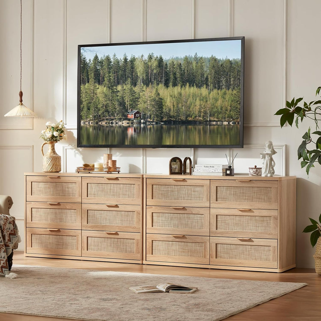 LEYAOYAO Rattan Dresser for Bedroom Set of 2, Boho 48" Wide 6 Drawer Dresser Chest of Drawers, Natural Wood Dressers TV Stand with Metal Handle, Storage Dressers Organizer for Living Room, Hallway