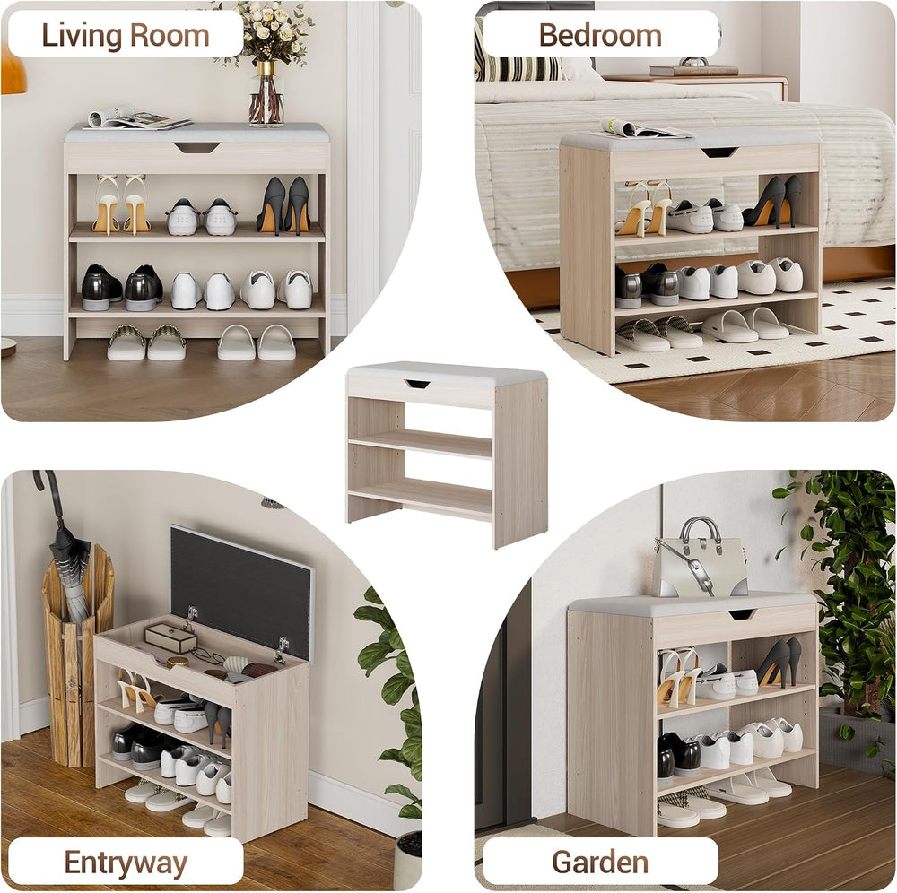 Shoe Bench with Cushion, 2 Tiers Shoe Bench with Flip-Top Storage, 23.6"...