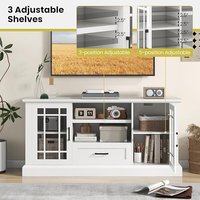 Tangkula Farmhouse TV Stand for TV up to 65 70 Inches, Tall Media Console Table with 2 Glass Storage Cabinets, 1 Drawer & 2 Open Shelves, Wooden Entertainment Center for Living Room (White)