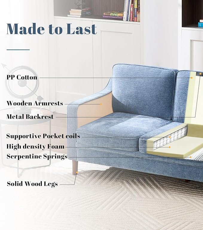Kingfun Living Room Furniture Sets, 3 Seater Couch, Armchair and Loveseat, Mid Century Modern Sofa Set, Chenille Couch with Solid Wood Frame for Living Room & Bedroom, Light Blue