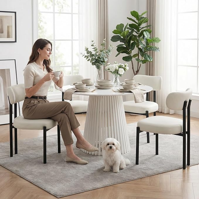 LukeAlon Faux Leather Dining Chairs Set of 4, Modern Curved Back Armless Kitchen Chairs with Black Metal Legs Upholstered Reception Guests Chair for Dining Room Chairs Restaurant Office, White