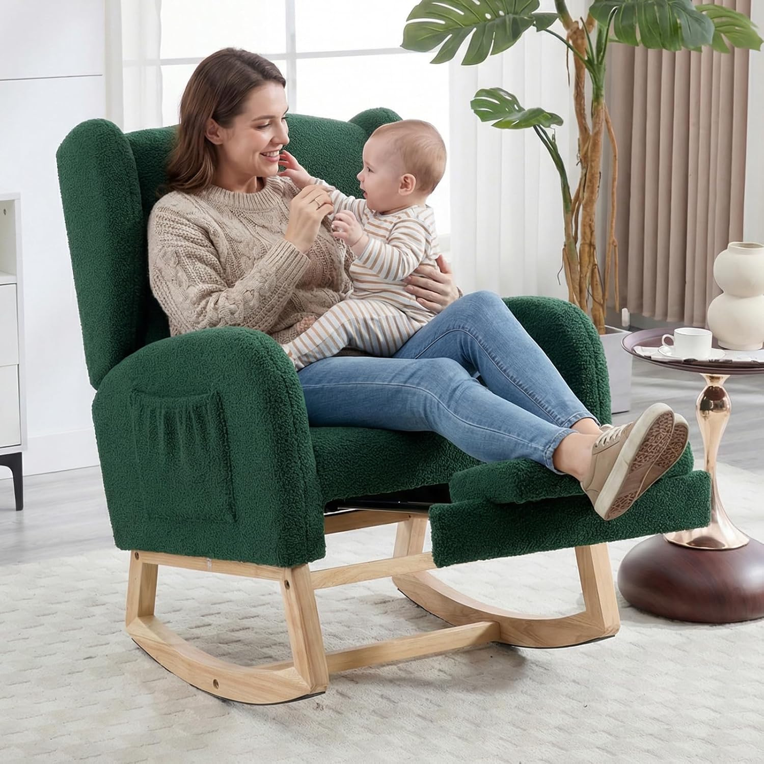NIOIIKIT Nursery Rocking Chair with Footrest, Teddy Upholstered Glider Chair, Rocker Nursery Chair with Side Pocket, Glider Rocker, Accent Reading Chair for Living Room (Green)