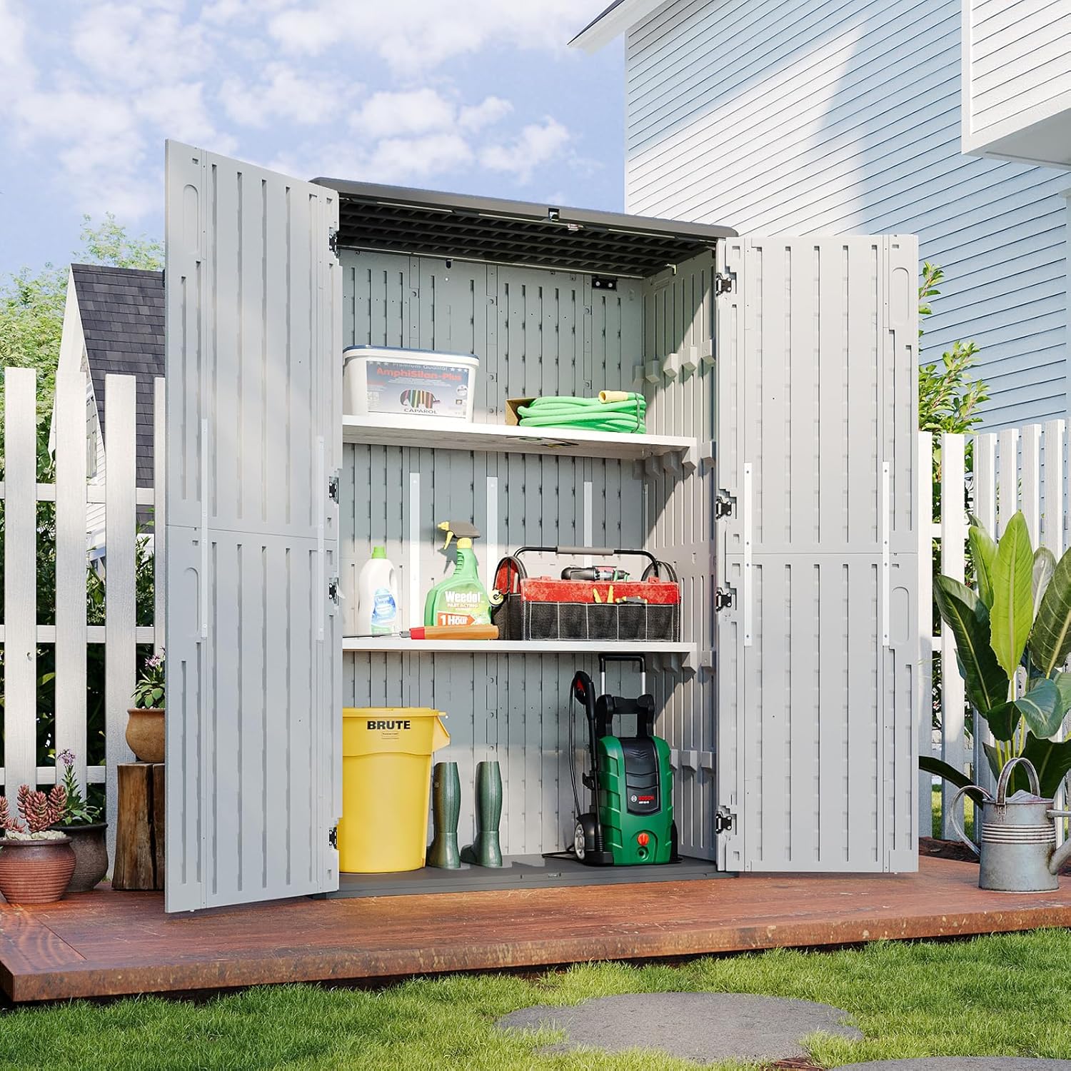 Aoxun White Resin Outdoor Storage Shed with 2 Shelves & Floor, 64 Cu.Ft Vertical Waterproof Cabinet for Garage, Pool, Bike, Garden Tools, Patio Furniture