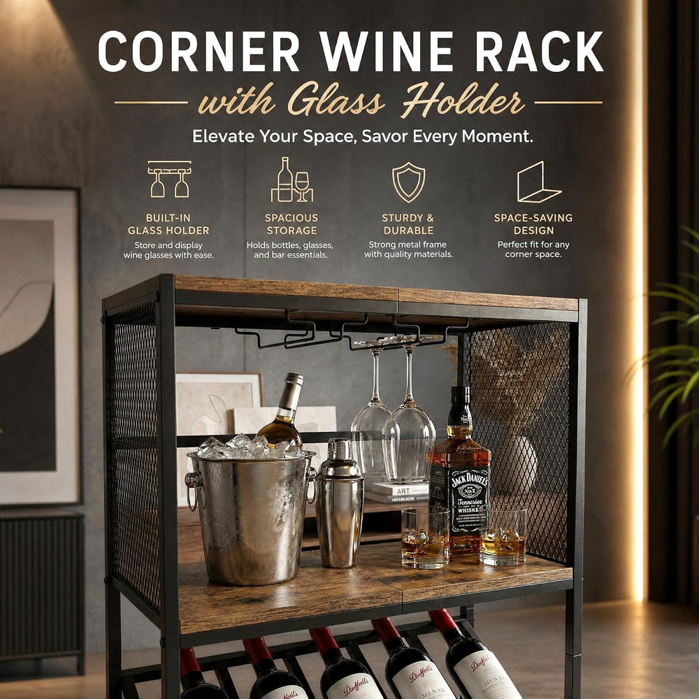 3-Tier Wine Rack Freestanding Floor with Glass & Storage Racks | Space-sa...