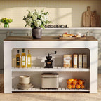 LITTLE TREE 55" Kitchen Island with Storage Shelves | 3-Tier Farmhouse Stationary Island Table with Extra Large Work Surface & Leg Room for Kitchen Dining Room (White and Brown)