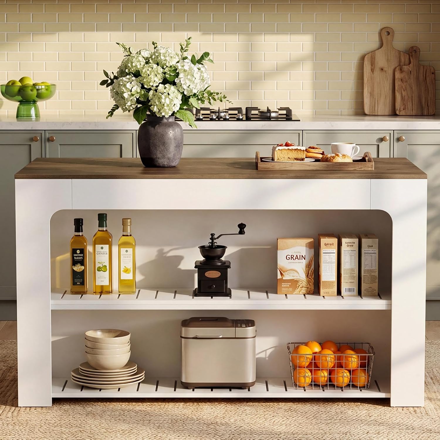 LITTLE TREE 55" Kitchen Island with Storage Shelves | 3-Tier Farmhouse Stationary Island Table with Extra Large Work Surface & Leg Room for Kitchen Dining Room (White and Brown)