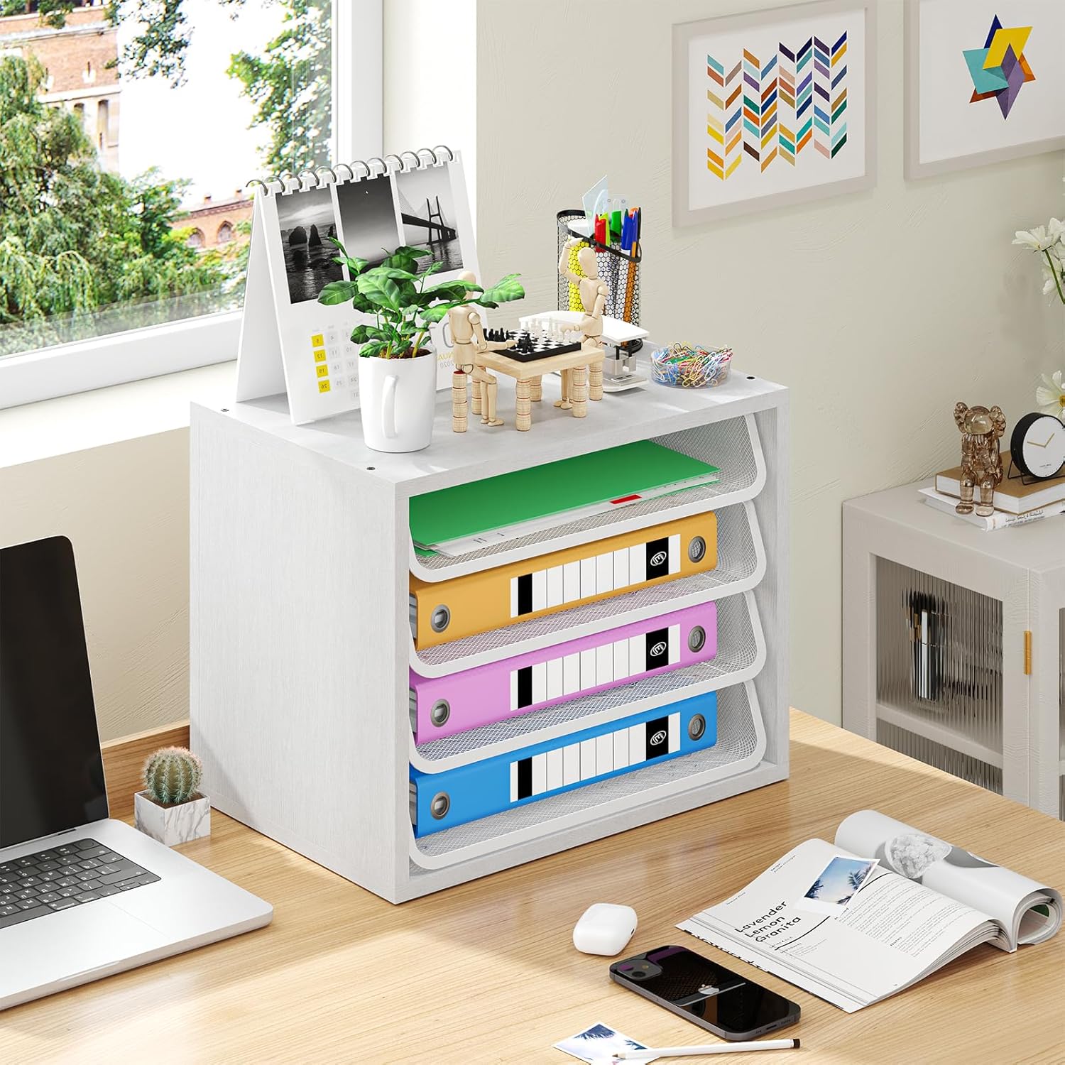 Simple Trending Desk File Organizers, 4-Tier Letter Tray Paper Organizer with File Holder, Wooden Paper Sorter for Office Supplies, White