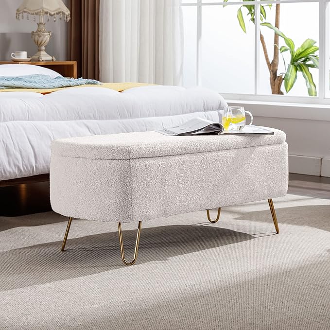 Storage Ottoman for End of Bed with Gold Legs, Modern Faux Fur Entryway Bench,for Living Room，Bedroom，End of Bed,Ivory White