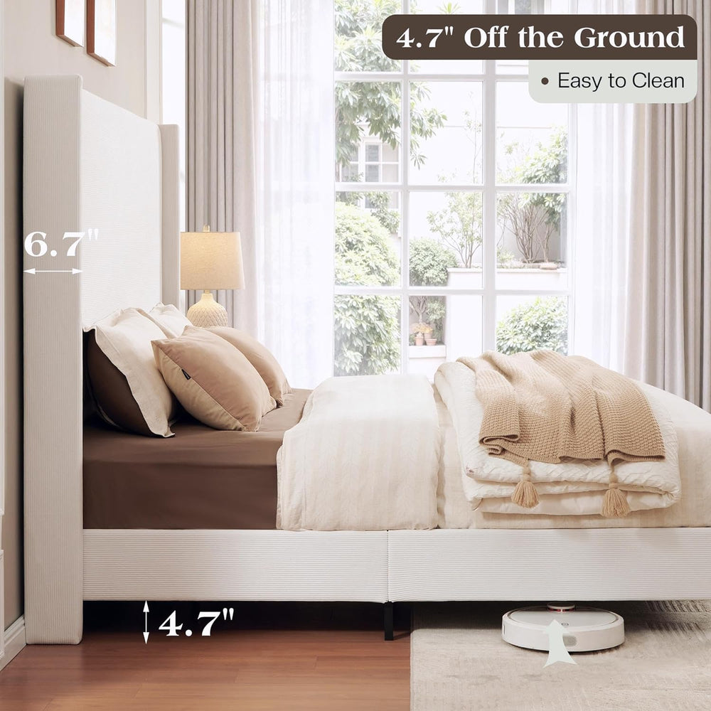 LUXOAK King Upholstered Bed Frame with 65" Headboard & Wingback, Cream