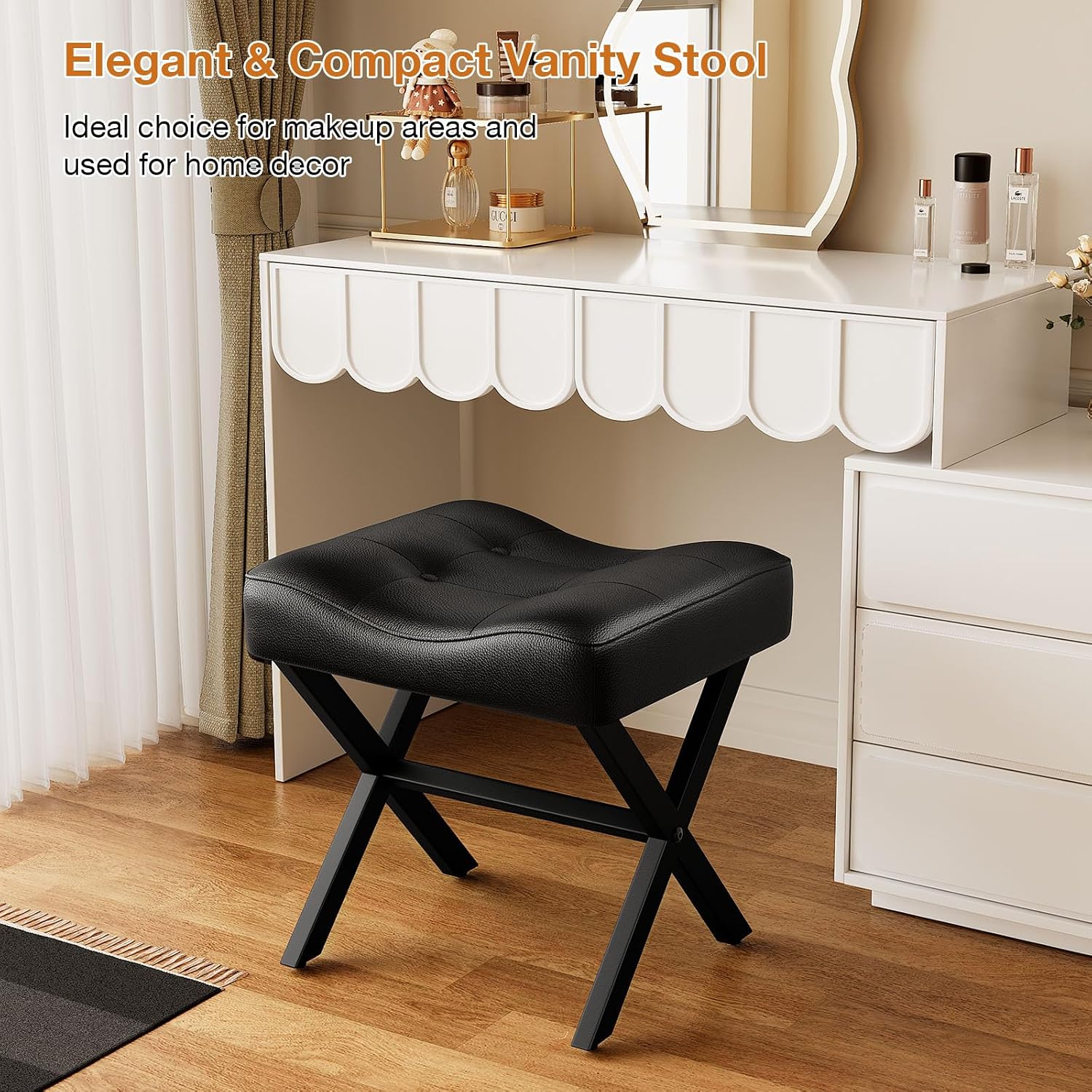 Memobarco 18-Inch Large Leather Vanity Stool Chair, Black Makeup Stool | Vanity Bench, Metal X-Leg, 350 LBS, 20"x16.9"x18", Ottoman Accent Stool, Thick Padded Saddle Seat, For Living Room Bedroom