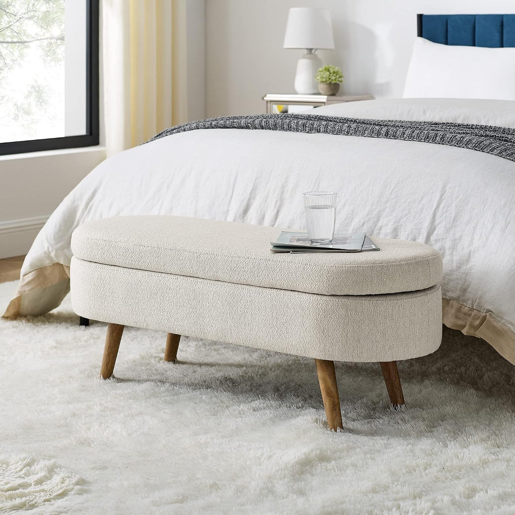 43.5" Oval Storage Bench, End of Bed Storage Benches, Linen Fabric Upholstered Ottoman Bench with Safety Hinge for Living Room Entryway Bedroom Hallway (Beige, 43.5 inch)