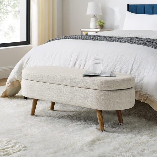 43.5" Oval Storage Bench, End of Bed Storage Benches, Linen Fabric Upholstered Ottoman Bench with Safety Hinge for Living Room Entryway Bedroom Hallway (Beige, 43.5 inch)