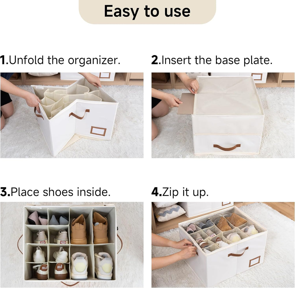 StorageWorks 2-Pack Shoe Storage Box for Closet, Sandal Organizer, Beige | Up to 32 Pairs, 12 Shoe Slots Each, Fixed Compartments, Clear Lid, Label Window, Side Mesh Pocket, Fits Flats & Low-Tops