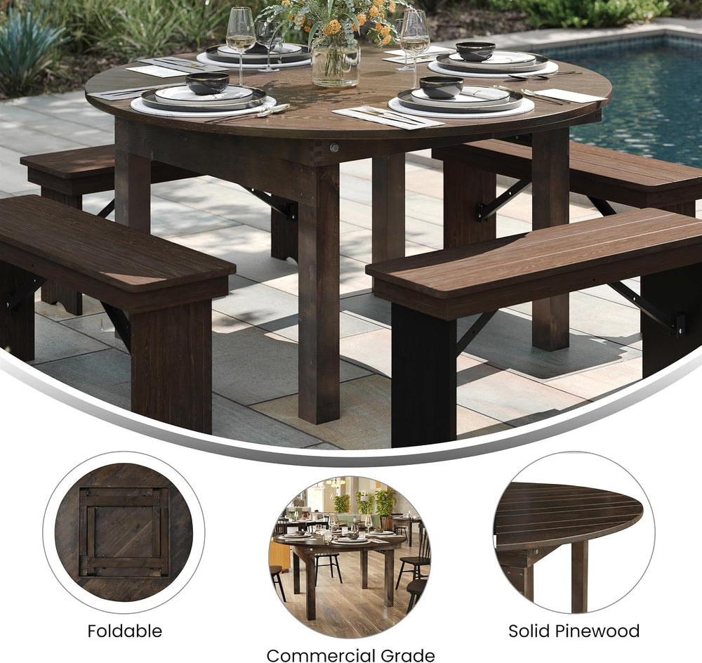 Flash Furniture Hercules Commercial Round Farmhouse Folding Table, Antique Ru...