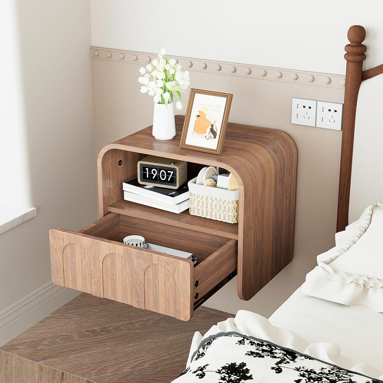 Floating Nightstand Set of 2, Small Night Stand with Drawer and Open Storage Shelf, Modern Wall Mounted Bedside Table, Farmhouse Wooden Nightstands for Bedroom, Living Room