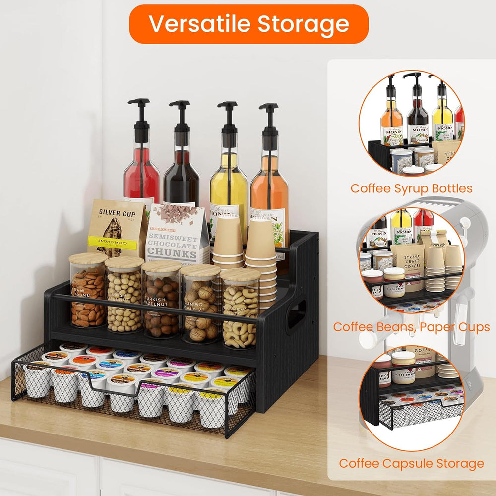 Homode 3-Tier Coffee Bar Organizer, 8 Bottle Syrup Stand, Black | 35 Coffee P...