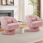 Modern 360° Swivel Barrel Accent Chair, Velvet Upholstered Armchair with Striped Backrest & Plush Cushion, Comfy Round Lounge Chair for Living Room Bedroom, Pink