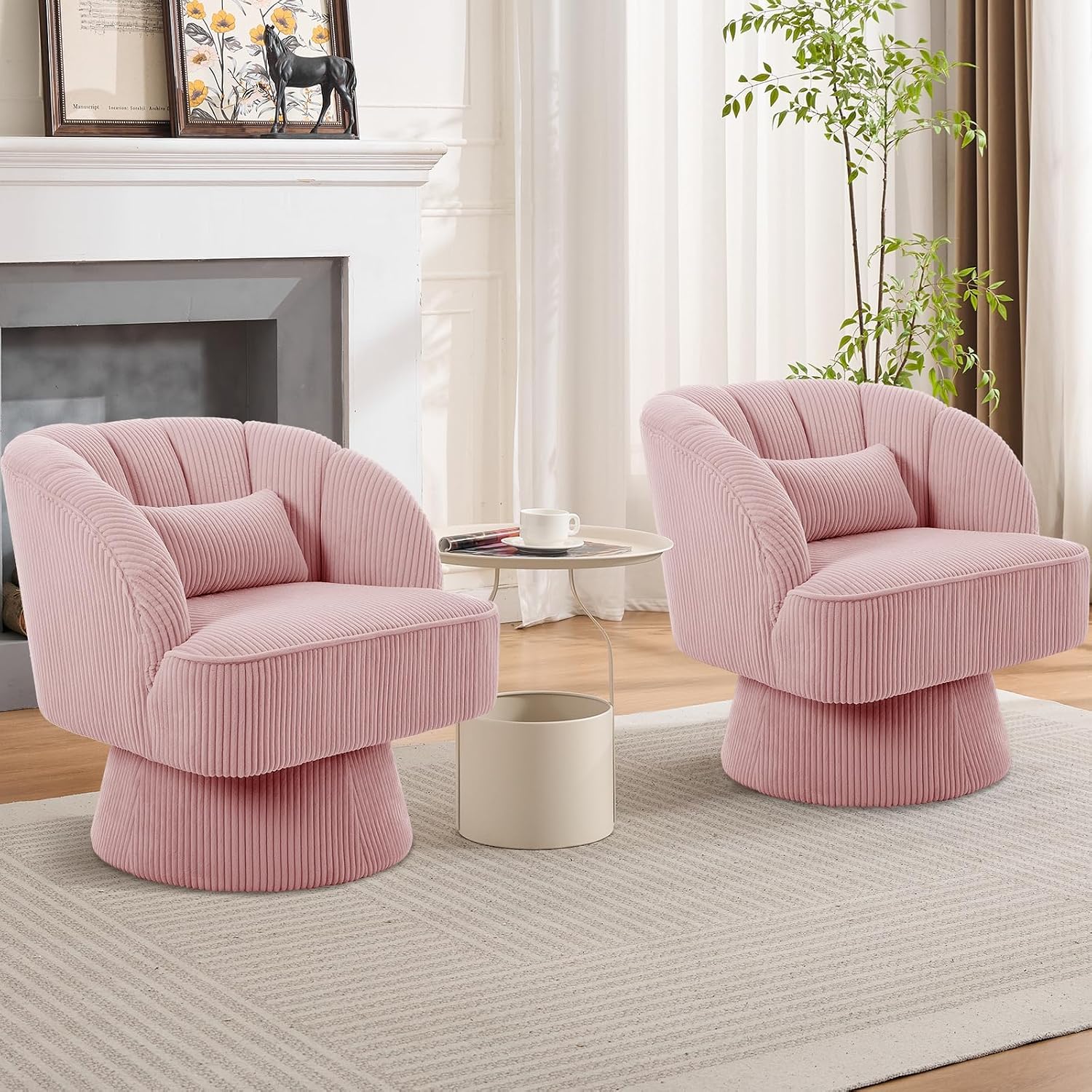 Modern 360° Swivel Barrel Accent Chair, Velvet Upholstered Armchair with Striped Backrest & Plush Cushion, Comfy Round Lounge Chair for Living Room Bedroom, Pink