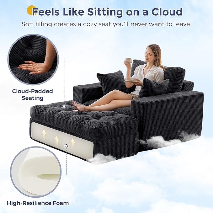 MAXYOYO Modular Sectional Chaise Lounge Sofa, Upholstered Lounge Chair with Ottoman, Comfy Couch with Layered Cushion, Tufted Upholstered Sleeper Chair for Living Room, No Assembly, Black