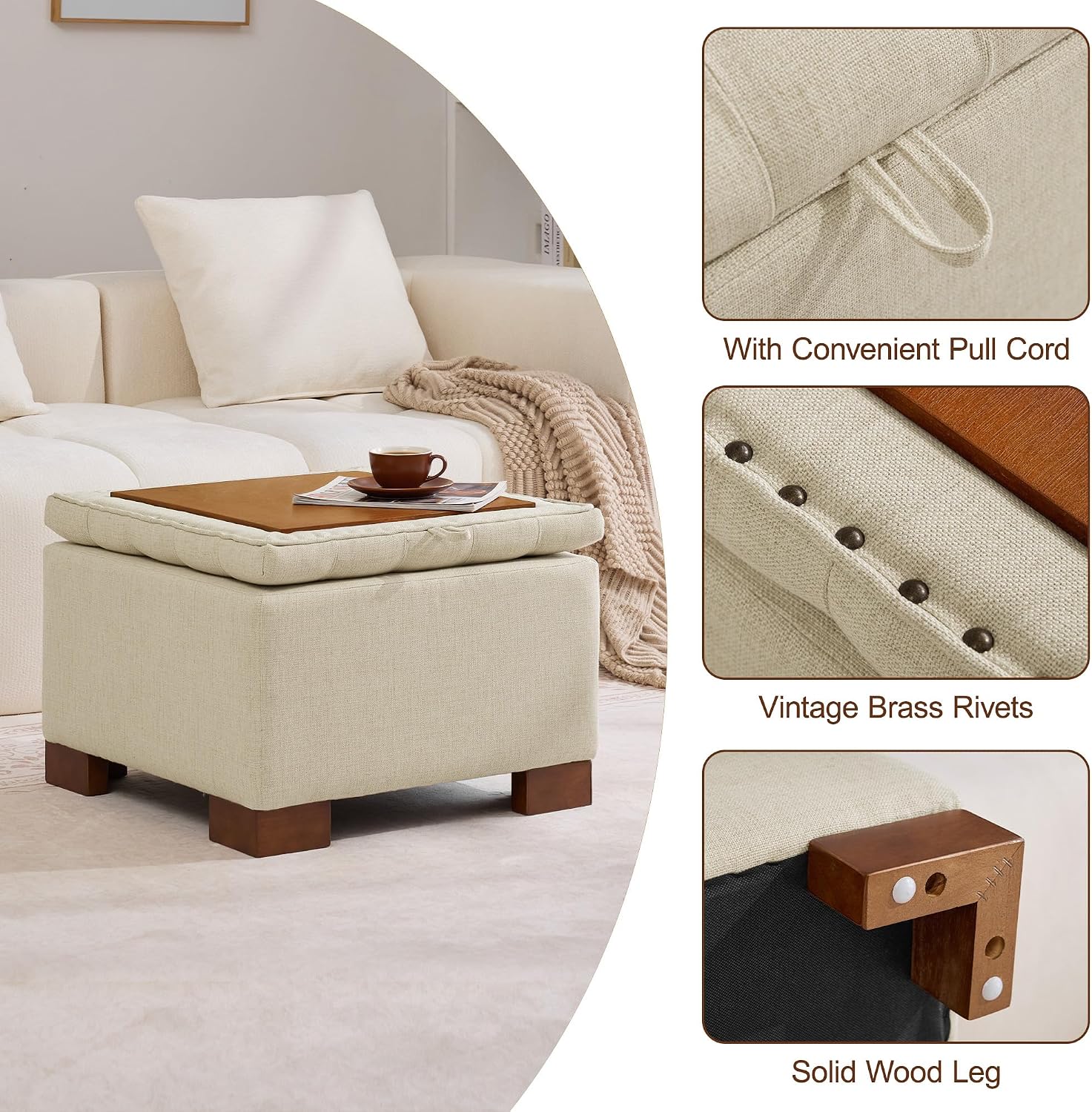 WUTUTUEE 24" Fabric Square Storage Ottoman with Wooden Tray, Modern Tufted Button Footstool Coffee Table, Upholstered Small Ottoman for Living Room, Bedroom, Khaki