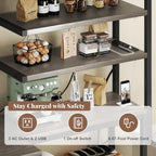 L-Shaped Bakers Rack with Power Outlet, 6-Tier Microwave Stand with Storage, Coffee Bar, Kitchen Shelf with Wire Basket, Hooks, Grey