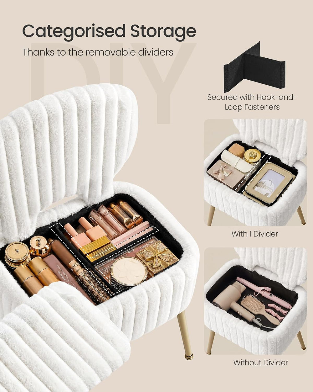 SONGMICS Vanity Chair, Makeup Stool with Folding Backrest | Plush Padded Dres...