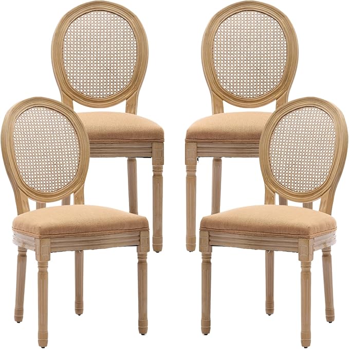 French Country Dining Chairs Set of 4, Caramel Kitchen & Dining Room Chairs Set of 4, Rattan Dining Chairs, Cane Back, Wood Legs, Sillas De Comedor (Rattan, Amber, 4Pcs)