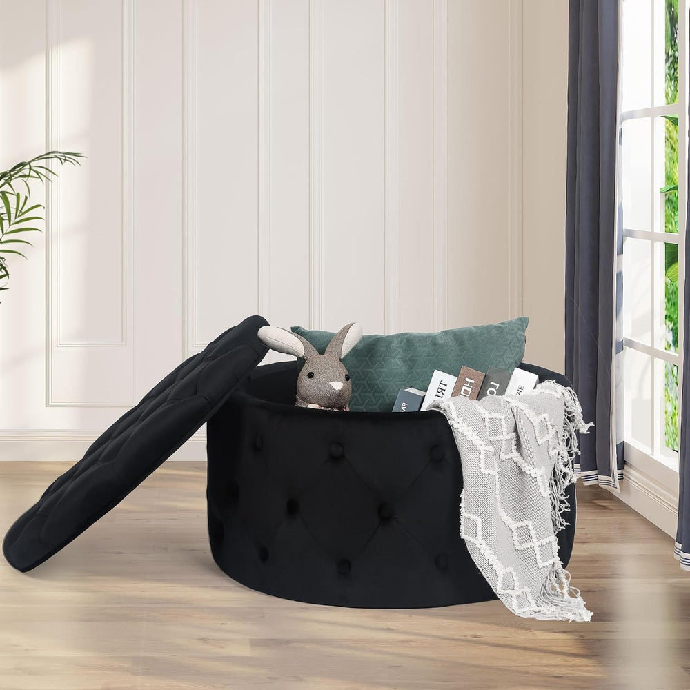 Joveco Round Storage Ottoman, Button Tufted Upholstered Ottoman with Removabl...