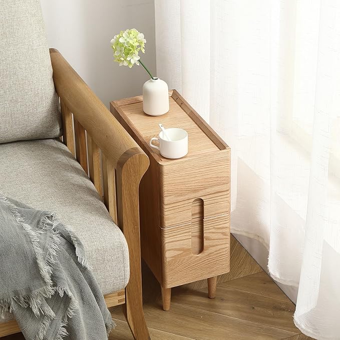 Solid Wood Bedside Table Nightstands, Slim Narrow Oak Real Wooden Mid-Century Modern End Table with Drawers Luxury Side Table Durable Cabinet Organizer Furniture, Natural Color 7.87in Wide