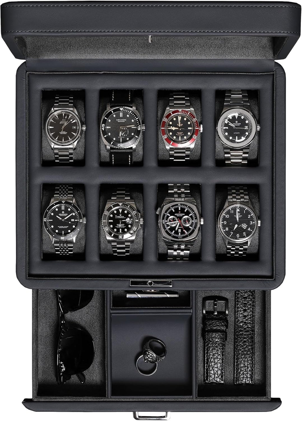 ROTHWELL 8 Slot Leather Watch Box with Valet Drawer - Luxury Case Display Jewelry Organizer, Locking Display Case Holder with Real Glass Top - Watch Box Organizer for Men & Women (Carbon)