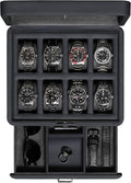 ROTHWELL 8 Slot Leather Watch Box with Valet Drawer - Luxury Case Display Jewelry Organizer, Locking Display Case Holder with Real Glass Top - Watch Box Organizer for Men & Women (Carbon)