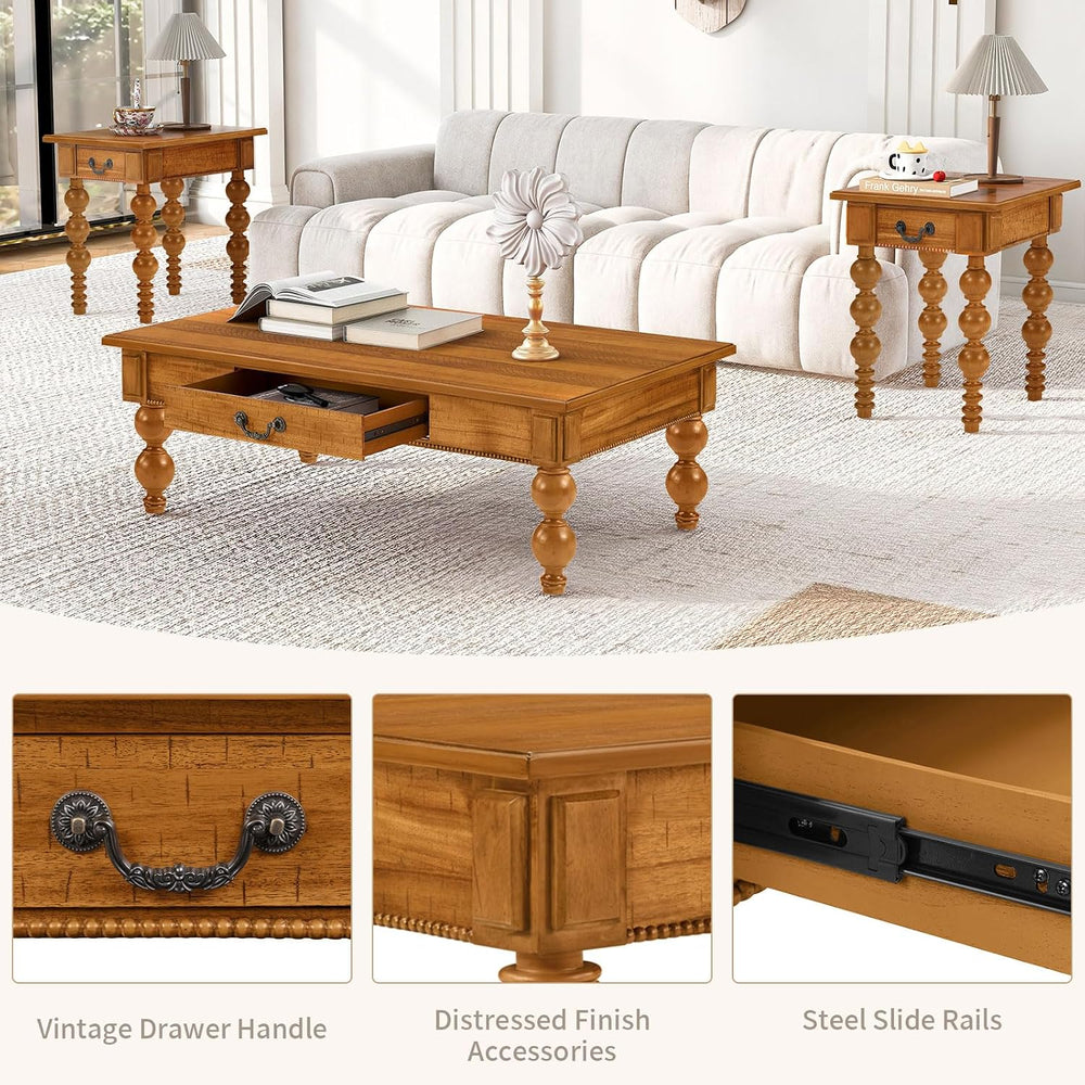LKTART 3 Pieces Living Room Table Set, Wooden Vintage Coffee Table with 2 Nar...