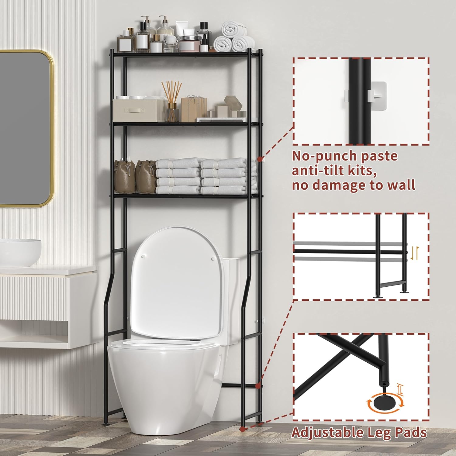 3-Tier Over The Toilet Storage, Freestanding Metal Bathroom Shelves, Space Saver Above The Over Toilet Storage Shelf for Bathroom (Black)
